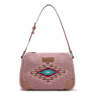 Imagem de Bolsa de ombro feminina Wrangler Western bordada asteca, Lã de cordeiro rosa, Medium