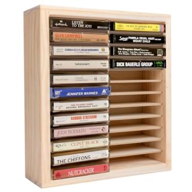 Imagem de Waratah Designs Rack de armazenamento de fita cassete, suporte de fita cassete de madeira com 24 compartimentos, suporte de parede ou organizador de cassete de áudio independente, armazenamento de