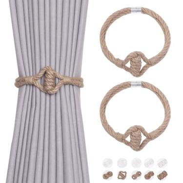 Imagem de NICEEC Pacote com 2 laços de cortina de corda de juta natural, elegante, estilo boêmio, fecho magnético, amarrado, corda macia à mão, retentores para cortinas de casa e escritório (nó de juta-03)