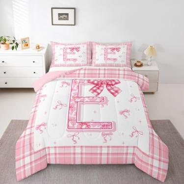 Imagem de Erosebridal Conjunto de edredom com letra E com laço rosa, tamanho solteiro, com laço fofo do alfabeto, para crianças, meninos, meninas, homens, preto e branco