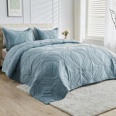Imagem de Kingnex Colchas King extragrandes 128 x 120 para cama king grande ou cama king king ultra-sônica conjunto de 3 peças inclui 1 colcha extra larga 2 fronhas azul