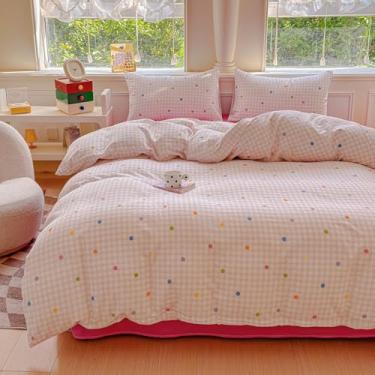Imagem de BlueBlue Conjunto de capa de edredom infantil, conjunto de cama 100% algodão, estampa de desenho animado, 1 capa de edredom e 2 fronhas (xadrez rosa, casal/queen (221 x 233 cm)