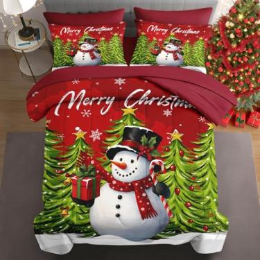 Imagem de WeCozy Jogo de edredom de Natal King Size com 2 fronhas e 2 fronhas, boneco de neve com desenho vermelho, para crianças e adultos, lençol de cima com elástico