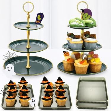 Imagem de Yiyiring Conjunto de 6 peças de suporte para exibição de cupcake, bandeja de torre de servir de 3 camadas com borda dourada retangular, suportes de bolo para casamento, aniversário, festa de chá