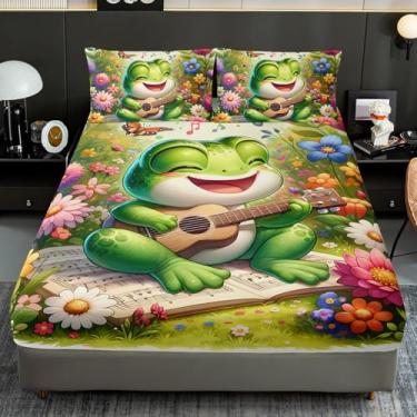 Imagem de AILONEN Jogo de lençol Queen engraçado com desenho de sapo, guitarra verde, animais, plantas, para decoração de quarto de crianças, meninas, borboletas tropicais, anfíbios, bolsos profundos, 1 lençol