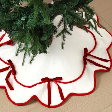 Imagem de Soulchen Saia de árvore de Natal com laço de veludo vermelho, 91 cm, branco, peludo, com laço, colarinho, cobertor, vintage, decorações de Natal para ambientes internos e externos, suprimentos de
