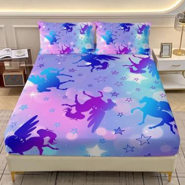 Imagem de AILONEN Jogo de lençol solteiro de unicórnio para meninas, tamanho GG, azul e unicórnio, arco-íris, estampado, lençol com elástico e 2 fronhas - 3 peças com tema de estrela do céu bonito para quarto