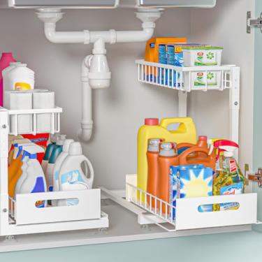 Imagem de Pacote com 2 organizadores profissionais embaixo da pia: organizador de cesta de arame removível de 2 camadas de metal premium, altura ajustável em forma de L, fácil instalação | Organizadores de