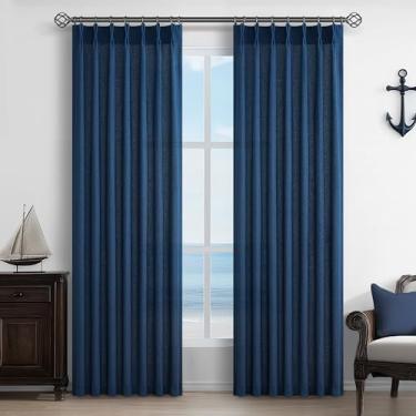 Imagem de Cortinas plissadas azul marinho 203 cm de comprimento, conjunto de 2 painéis para sala de estar, cortinas transparentes plissadas elegantes de linho texturizado com filtro de luz para quarto de