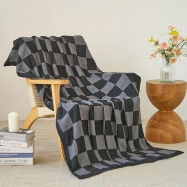 Imagem de Xiashrk Cobertor xadrez para sofá, cobertores quadriculados para sofá-cama, cobertor de viagem decorativo xadrez aconchegante para acampamento na sala de estar (preto e cinza, manta 127 x 152 cm)