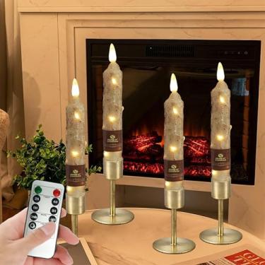 Imagem de Velas cônicas de marfim sem chamas de 16,5 cm cintilando com controle remoto de 10 teclas, operado por pilhas, luz de pavio 3D quente, velas de cera verdadeira, pacote com 4, decoração de Natal para