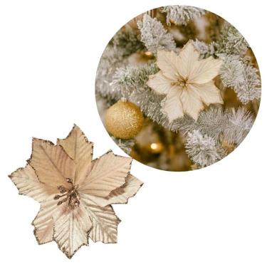 Imagem de Flor Bico de Papagaio Pick Natalino Veludo Champanhe Glitter 13cm