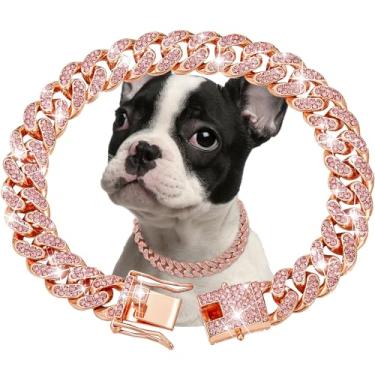 Imagem de Colar de corrente para cachorro ouro rosa com elos cubanos de diamante com 13 mm de largura, corrente de metal para gatos, coleira de cristal, acessórios de joias para cães pequenos, médios e grandes