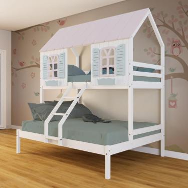 Imagem de Beliche Casal- Solteiro Casinha Bela - Madeira Maciça Branco-rosa-verde Megamobilia