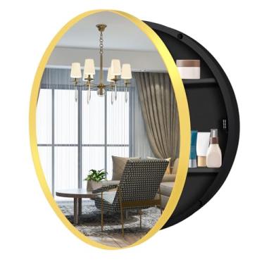 Imagem de Armário de remédios redondo de 66 cm com espelho, armário de remédios de banheiro dourado para parede com moldura de metal, armário de armazenamento circular apenas para montagem em superfície com