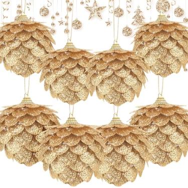 Imagem de Sratte 8 peças de enfeites de bola de Natal artificiais de pinha para pendurar, flores de Natal artificiais com glitter, para decoração de Natal, 8 cm (ouro)