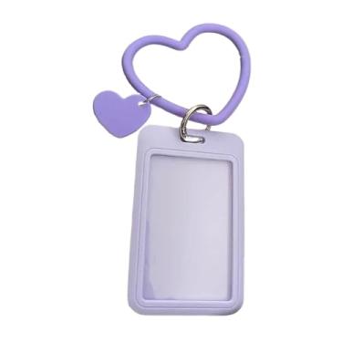 Imagem de Porta-cartões fotográficos com chaveiro, porta-cartões com foto de 7,6 cm, porta-crachá de identidade, estojo de plástico vertical roxo rígido com chaveiro de coração de silicone para porta-cartões