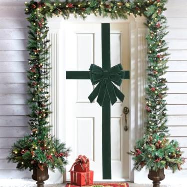 Imagem de Sursurprise Decorações de veludo verde de Natal para porta da frente, laço de porta de Natal grande, embrulho de casamento para chá de bebê para armário de lareira, estação festiva, decoração de