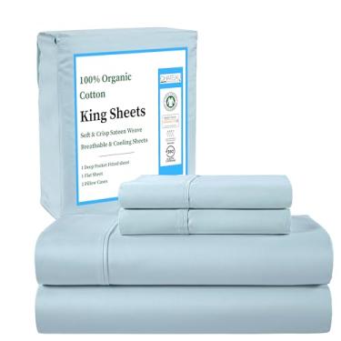 Imagem de CHATEAU HOME COLLECTION Lençóis King de Algodão Orgânico – Lençóis de Cama Azul Claro 100% Orgânico, Lençol com Elástico com Bolso Profundo, Refrigerante e Respirável, Tecido Cetim para Colchões de