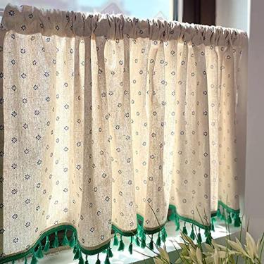 Imagem de QLDFX Cortina curta de cozinha cortina janela nível cortina bistro cortina blackout café cortinas algodão linho curta cozinha cortina estilo rural europeu, sanefa W150 cm x 200 cm