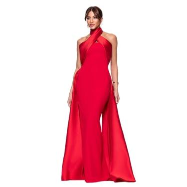 Imagem de A27272 Vestido longo de crepe Scuba Halter, Vermelho, 44