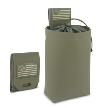 Imagem de ZNBFC Bolsa de lixo tática para cinto de batalha e sistemas MOLLE | Bolsa dobrável com fecho de cordão | para caça, dever, paintball | Inclui emblema de bandeira (verde)