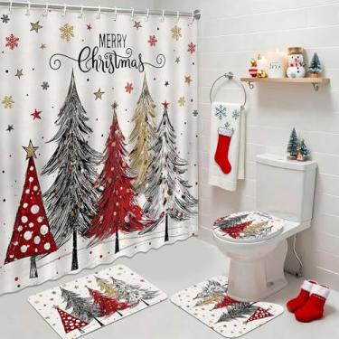 Imagem de Mocsicka Conjunto de cortina de chuveiro Merry Christmas para banheiro, 4 peças, vermelho e preto, conjunto de banheiro com tapetes antiderrapantes, tampa de vaso sanitário, tapete de banho, cortina