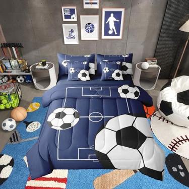 Imagem de Erosebridal Jogo de cama casal com estampa de bola de futebol americano, 7 peças, temática esportiva, para adolescentes, quadra de futebol, conjunto de edredom com lençol com lençol de bebê, azul e