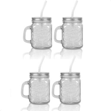 Imagem de Kit 4 Jarrinhas Canecas Retrô Vintage Vidro Tampa de Metal Canudo de Vidro Drink Barzinho Bartender Canudo 480ml