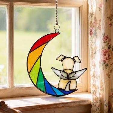 Imagem de Apanhador solar de acrílico colorido, apanhador solar memorial para decoração de janela suspensa, arte de parede com lua crescente, arco-íris, presente de simpatia para animais de estimação e