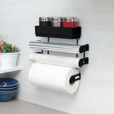 Imagem de Suporte Porta Rolos e Temperos de Cozinha Parede Preto – Organizador com Espaço para Papel Toalha, Filme PVC e Potes de Condimentos, Design Moderno e Resistente(BRANCO)
