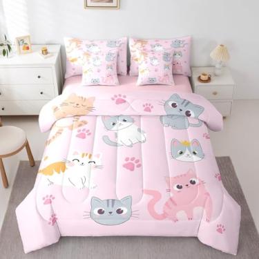 Imagem de Erosebridal Jogo de cama solteiro com estampa de animais de estimação e animais de estimação, 7 peças, kawaii, gatos, rosa, para meninas adolescentes e mulheres, conjunto de cama com estampa de