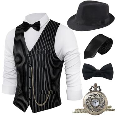 Imagem de BABEYOND Conjunto de acessórios de fantasia masculino Gatsby Gangster da década de 1920, chapéu Fedora, Listra preta em Y, XXG