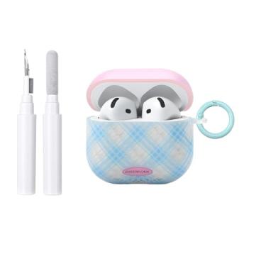 Imagem de COTYPOFLIYTT Compatível com AirPods 4ª geração com kit de limpeza, lindo design estético xadrez feminino feminino chaveiro macio TPU capa protetora para AirPods 4 - xadrez azul