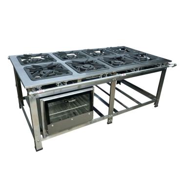Imagem de Fogão Industrial de Centro 8 Bocas Duplas Cefaz Linha Gold Baixa Pressão Inox com Forno 100 Litros Tampa de Vidro C-I430-CFZG-159+I430-FRG-22