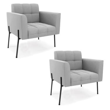 Imagem de Poltrona Pé De Ferro Preto Para Sala Kit 2 Elisa Suede D03 - D'rossi Cor Cinza