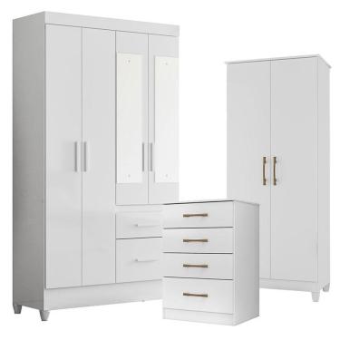 Imagem de Guarda Roupa Com Espelho Infantil Madri Com Cômoda Ms913 E Armário Multiuso Jade Branco Brilho - Moval