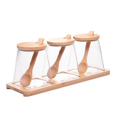 Imagem de Conjunto 3 Potes 350 Ml Vidro Com Colher E Bandeja De Bambu Wolff