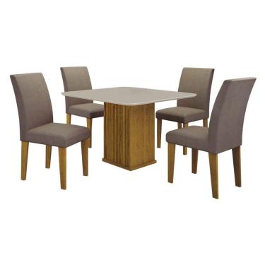 Imagem de Mesa De Jantar Napoli 90x90 Freijó Decor Off White Com 4 Cadeiras Mdf Freijó Joli Camurça - Leifer Móveis