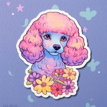 Imagem de Adesivo de Parede Infantil Kawaii com Poodle Rosa e Flores para Quarto de Criança 30x30cm