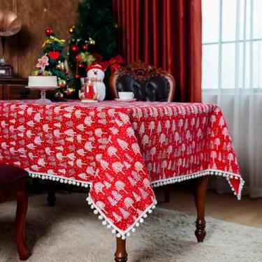 Imagem de SUTAVIA Toalha de mesa de Natal de tecido vermelho, boho, pompom, borla, árvore verde, brilhante, decoração retangular, capa de mesa para mesa de jantar de festa de inverno (árvore de Natal, 132 x 178