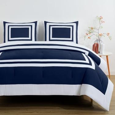 Imagem de Chezmoi Collection Conjunto de edredom Wyatt 7 peças Queen Bed in a Bag - Roupa de cama estilo hotel com jogo de cama - padrão quadrado azul marinho/branco