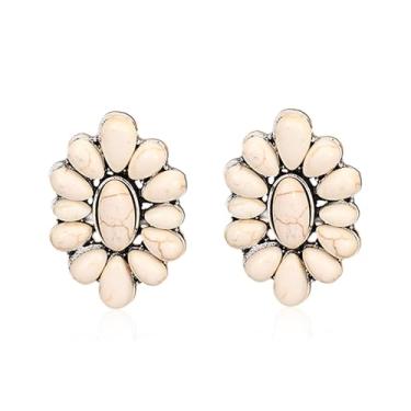 Imagem de Vavhoo Brincos pendentes de gota de flor geométrica turquesa natural, lágrima étnica para mulheres, boêmia, ocidental, joia boho étnica, Large, Metal, Sem pedra preciosa