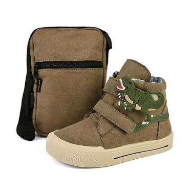 Imagem de Kit Tênis Menino Cano Alto Infantil Dinossauro Com Bolsa Macio Escolar