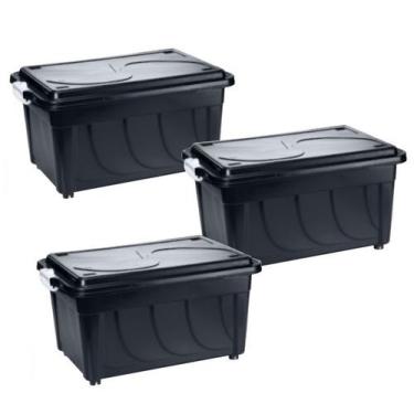 Imagem de Kit 3 Caixas Organizadoras 60l Preta Tampa Rodinhas Travas Agraplast C