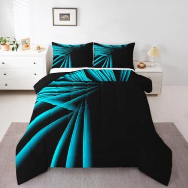 Imagem de jejeloiu Conjunto de edredom com listras ombré, abstrato, tamanho casal, azul-petróleo e preto, para meninos, adultos, adolescentes, luxo, simples, arte geométrica, moderna, edredom e edredom