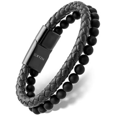 Imagem de RTZN Pulseiras masculinas de couro preto – Coleção artesanal premium – couro trançado de fio único, empilhado e duplo, design de pedra ônix e corrente de prata – Pulseiras de couro masculinas