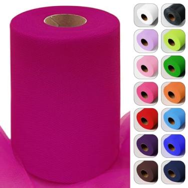 Imagem de Rolos de tecido de tule rosa fúcsia 6 polegadas por 100 jardas (91,4 m) fita de tule para saia tutu embrulho de presente casamento chá de bebê decorações de festa de ação de graças artesanato DIY