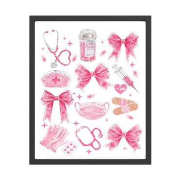 Imagem de Arte de parede de material de enfermeira médica retrô na moda, suprimentos de presente de estudante de enfermagem, pôster de laço rosa para enfermeira, escritório, escola, dormitório, casa (20 x 25