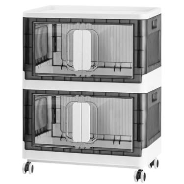 Imagem de Organizador de armazenamento dobrável com rodízios silenciosos | Design empilhável para casa e escritório, caixa de armazenamento de plástico resistente com porta transparente, 3 tamanhos (19,5/23,5